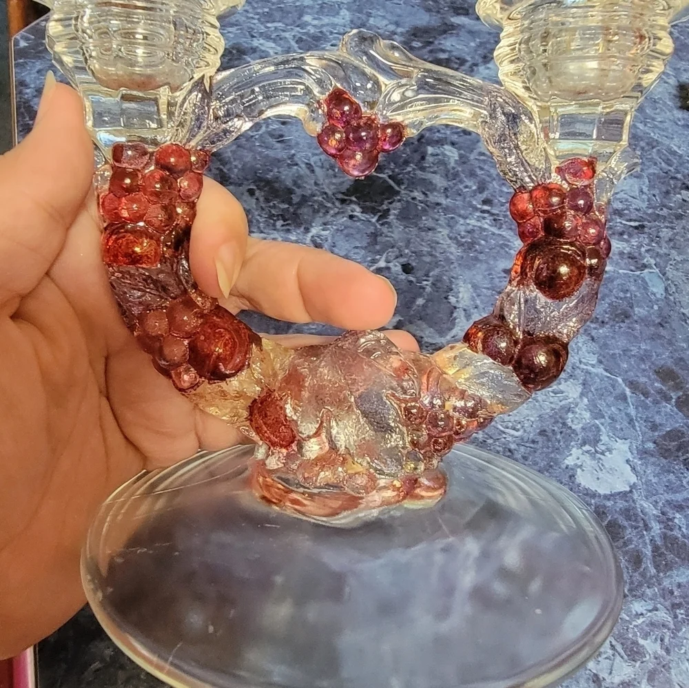 Vintage Indiana Glass Double Candle With Color Grapes And Vine Holder